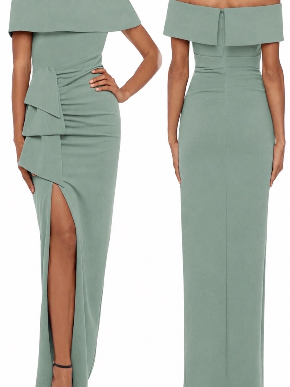 Xscape Off-Shoulder Sage Green Evening Gown size 12